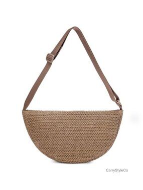 Woven Straw Crescent Crossbody Beach Bag Adjustable Strap Summer Purse